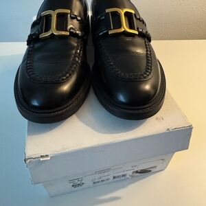 Chloe Black Leather Loafers with Gold Accent